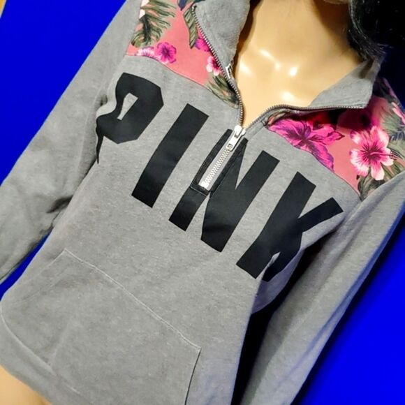 2016 NWOT Victoria's Secret PINK Quarter Zip Tropical Floral Sweatshirt Size XS - Picture 15 of 17